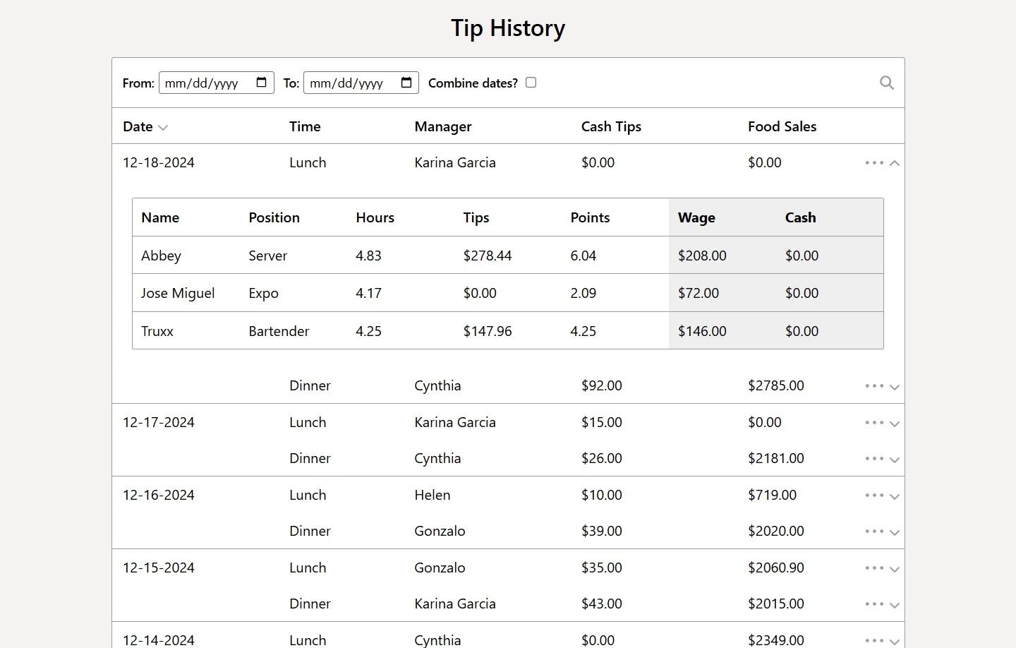 Homepage and results of Tip History